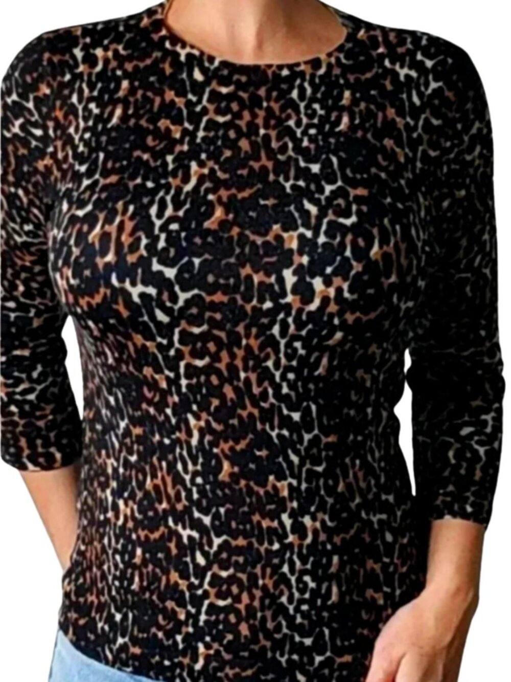 Talbots Leopard Print Pure Merino Wool 3/4 Sleeve Top Quiet Luxury Brown -Medium